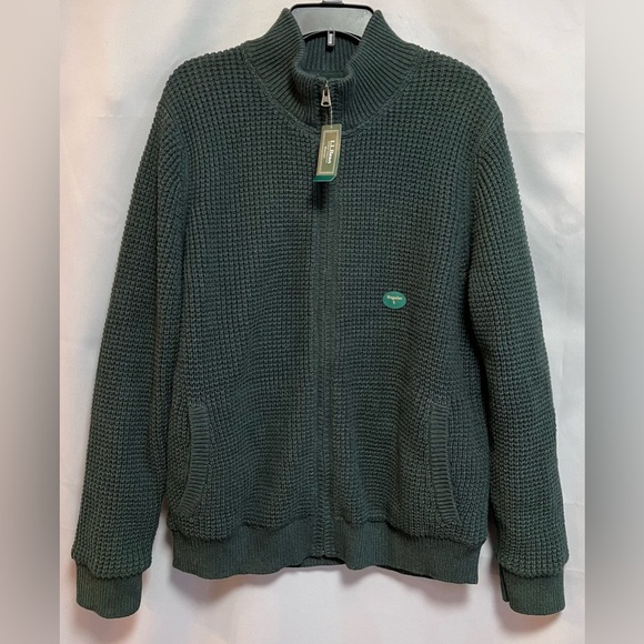 VINTAGE LL Bean Sweater Mens Sz‎ L Green Full Zip Cardigan Heavy Knit Ribbed NWT - Picture 1 of 12